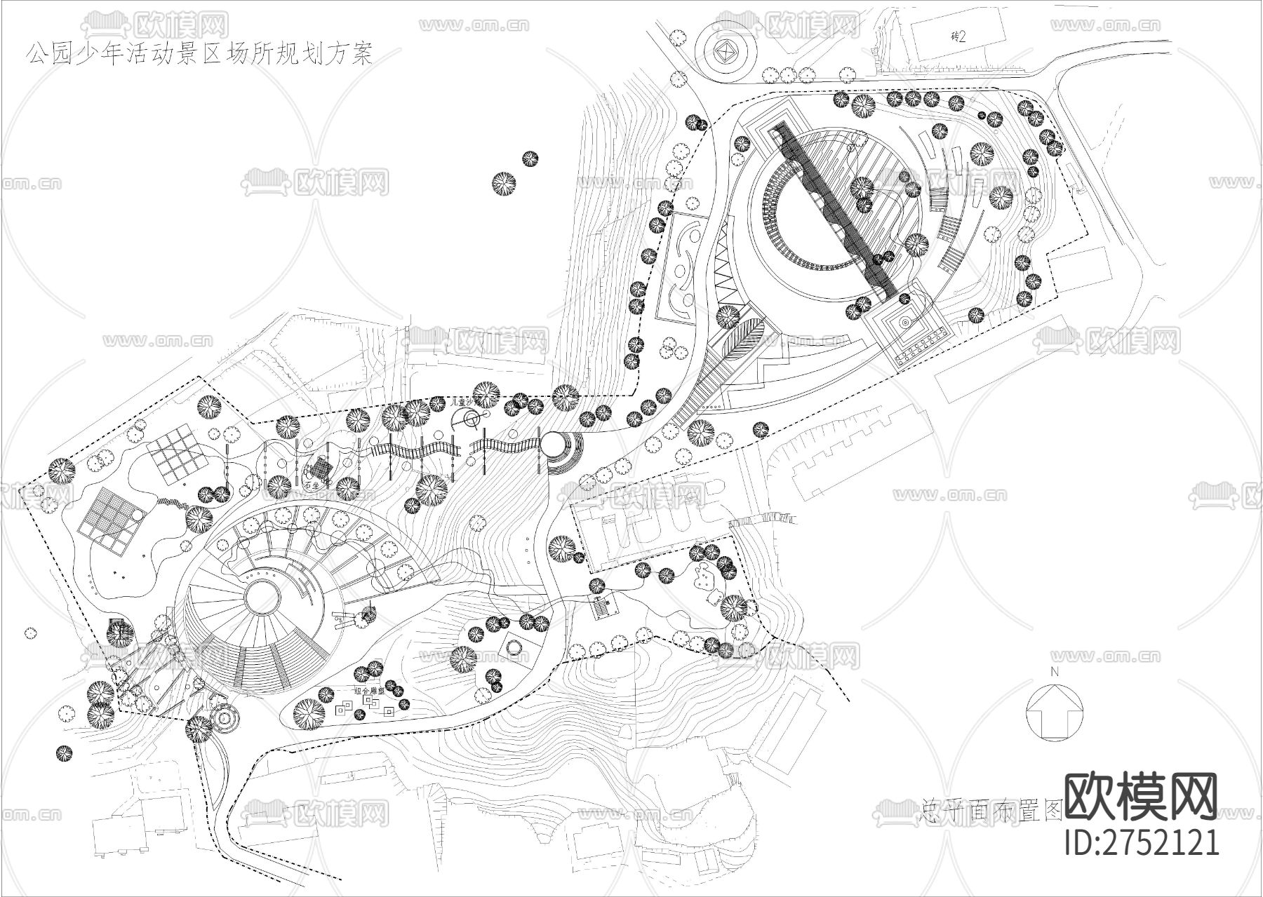 公园少年活动景区cad平面图下载（渲染图1）