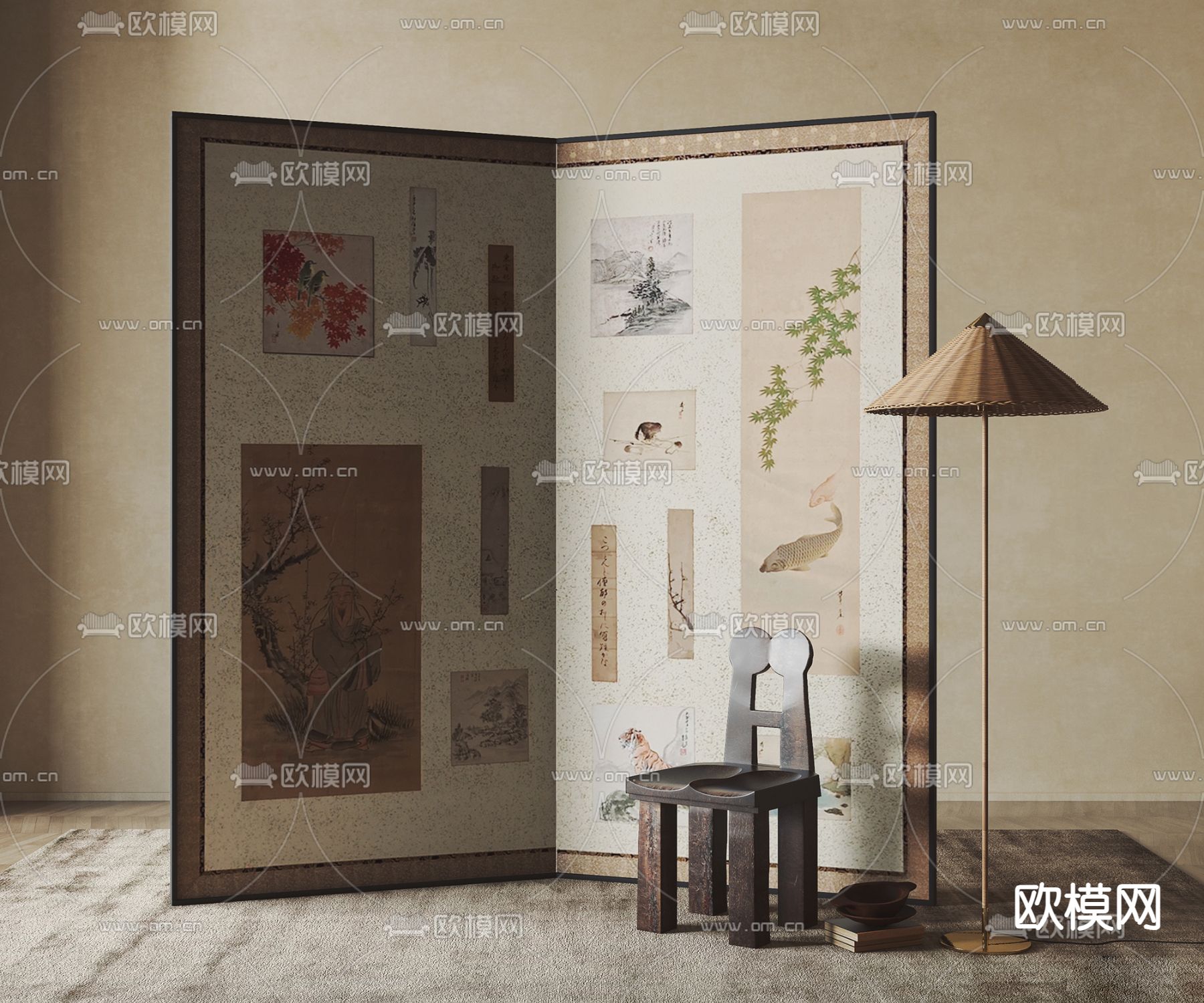 新中式屏风隔断su模型下载（渲染图1）