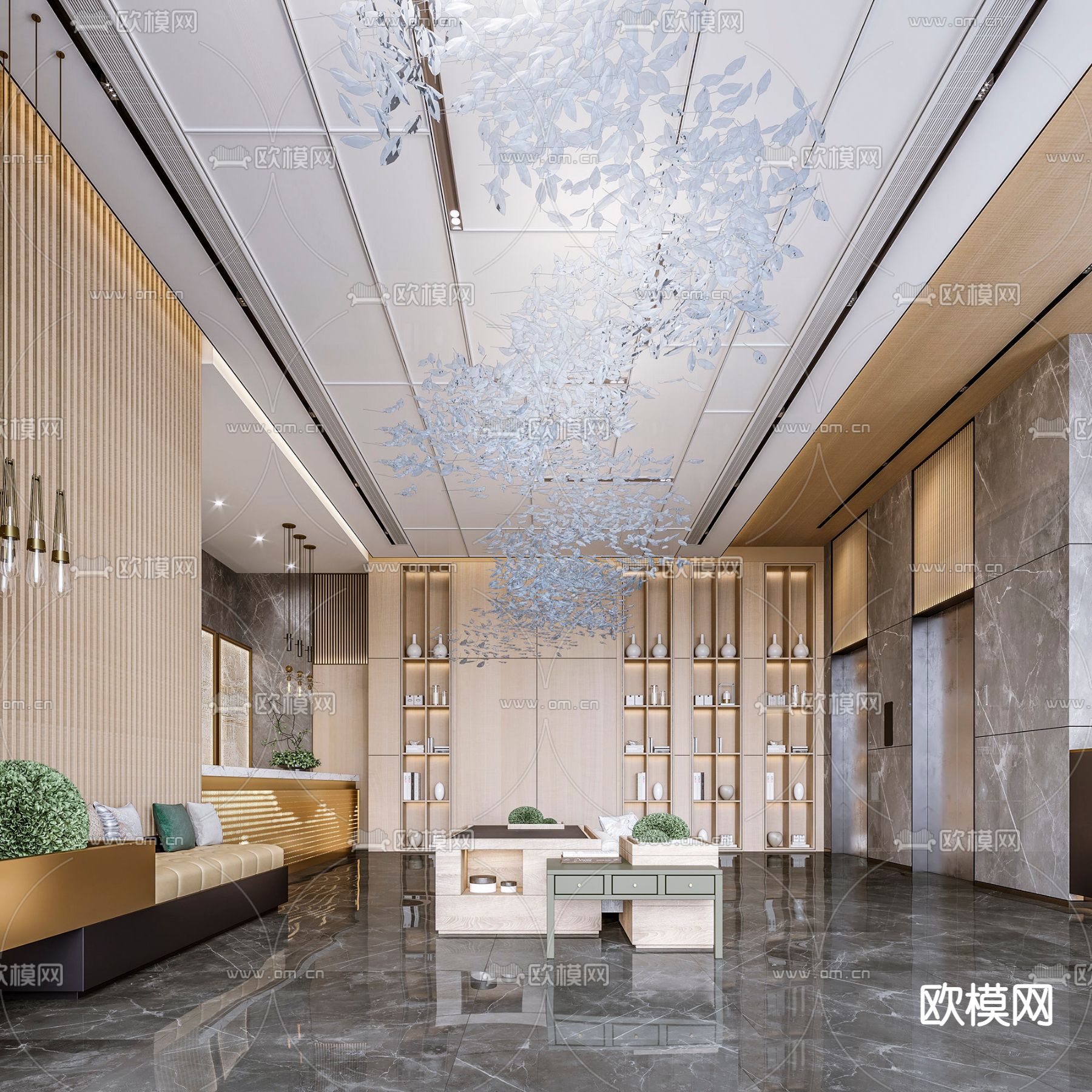 新中式酒店大堂 接待前台su模型下载（渲染图1）