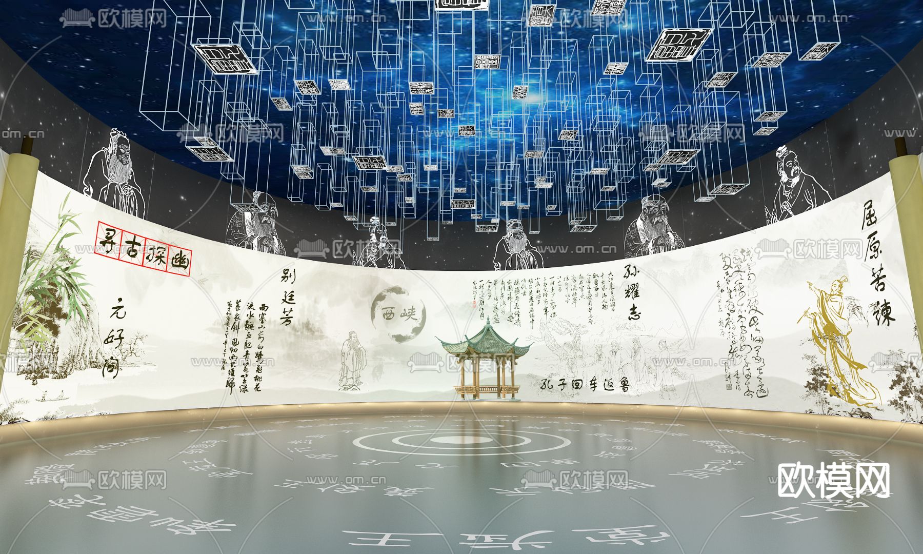 新中式博物馆 序厅su模型下载（渲染图1）