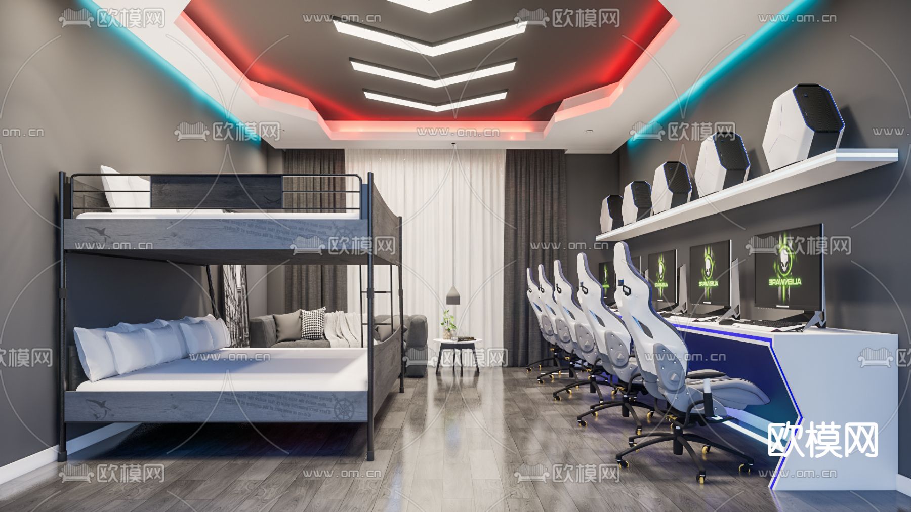 电竞酒店客房su模型下载（渲染图1）