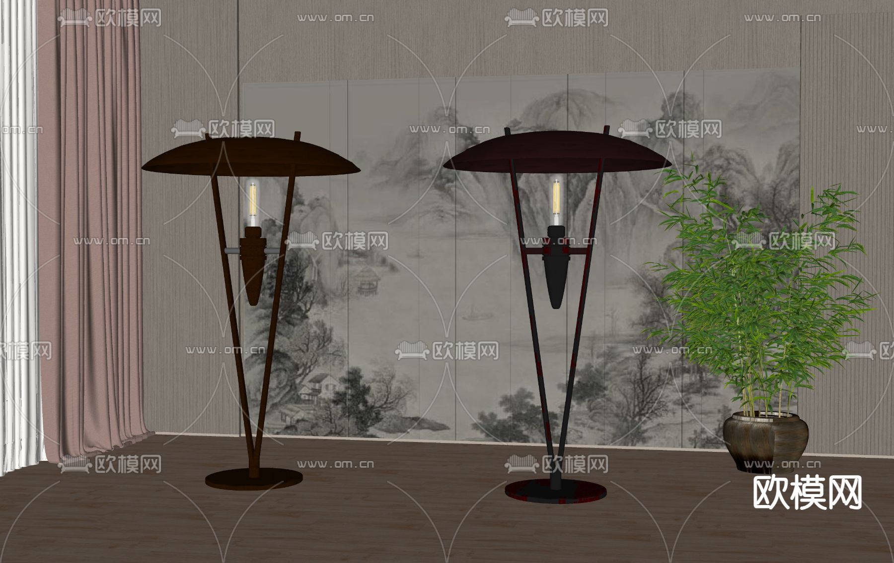 新中式落地灯su模型下载（渲染图2）