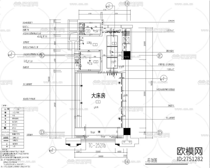 酒店大床房cad施工图下载(渲染图2)