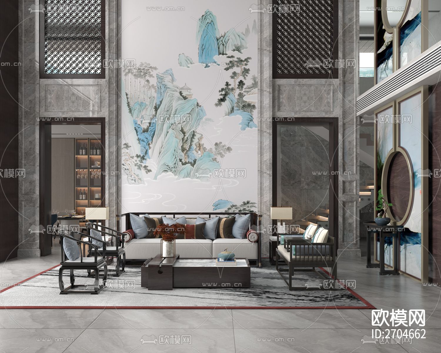 玄关 山水  松树 青山 水墨下载（渲染图2）