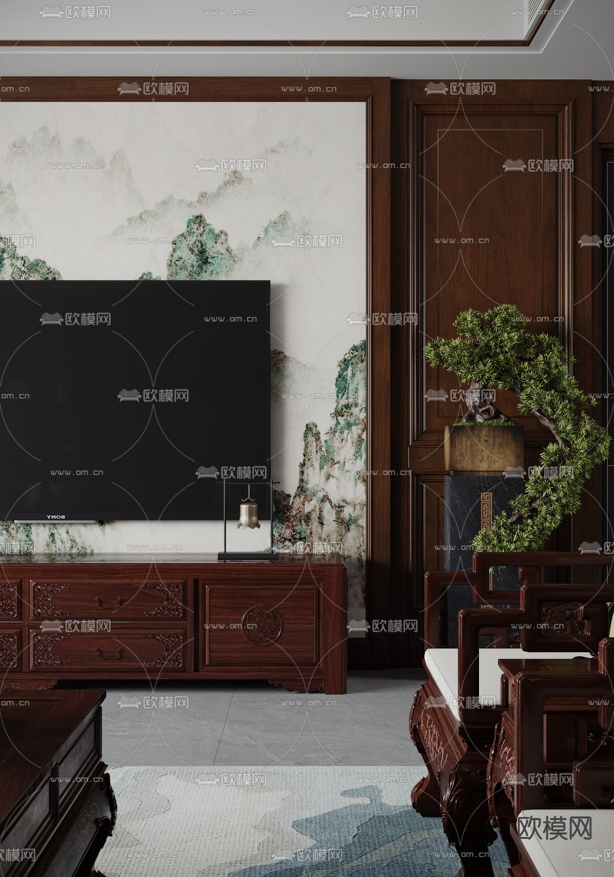 中式客餐厅3d模型下载（渲染图3）