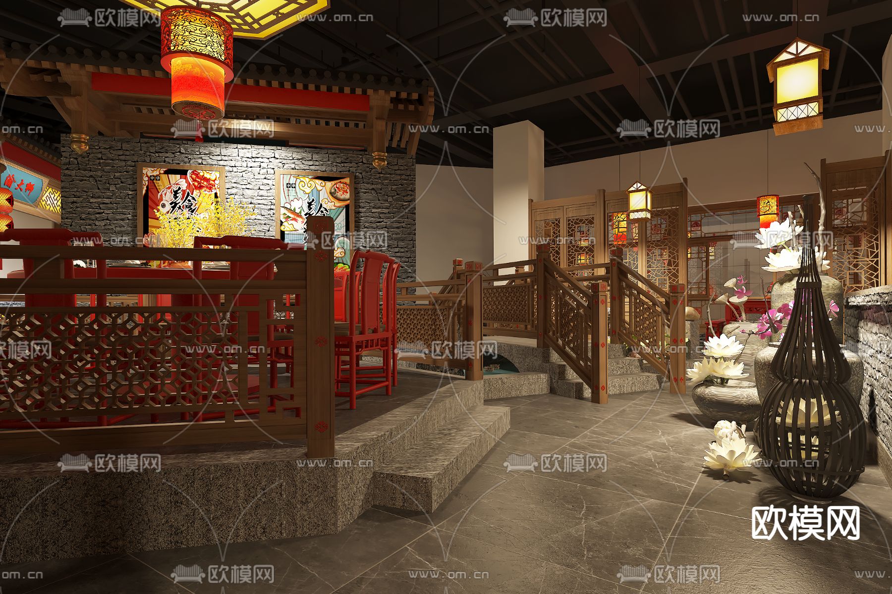 中式农家乐 火锅店3d模型下载（渲染图2）