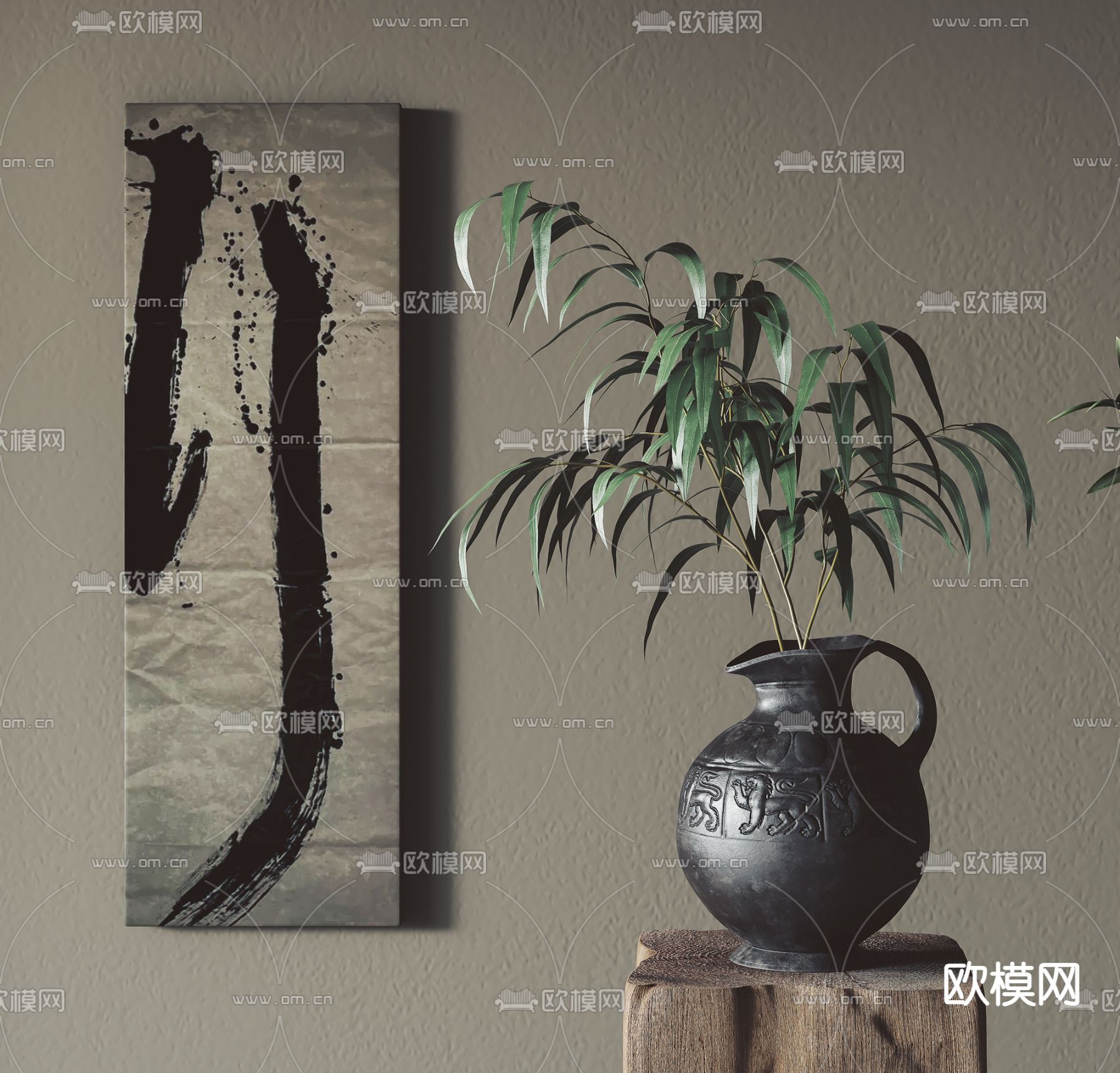 侘寂风挂画 花瓶su模型下载（渲染图1）