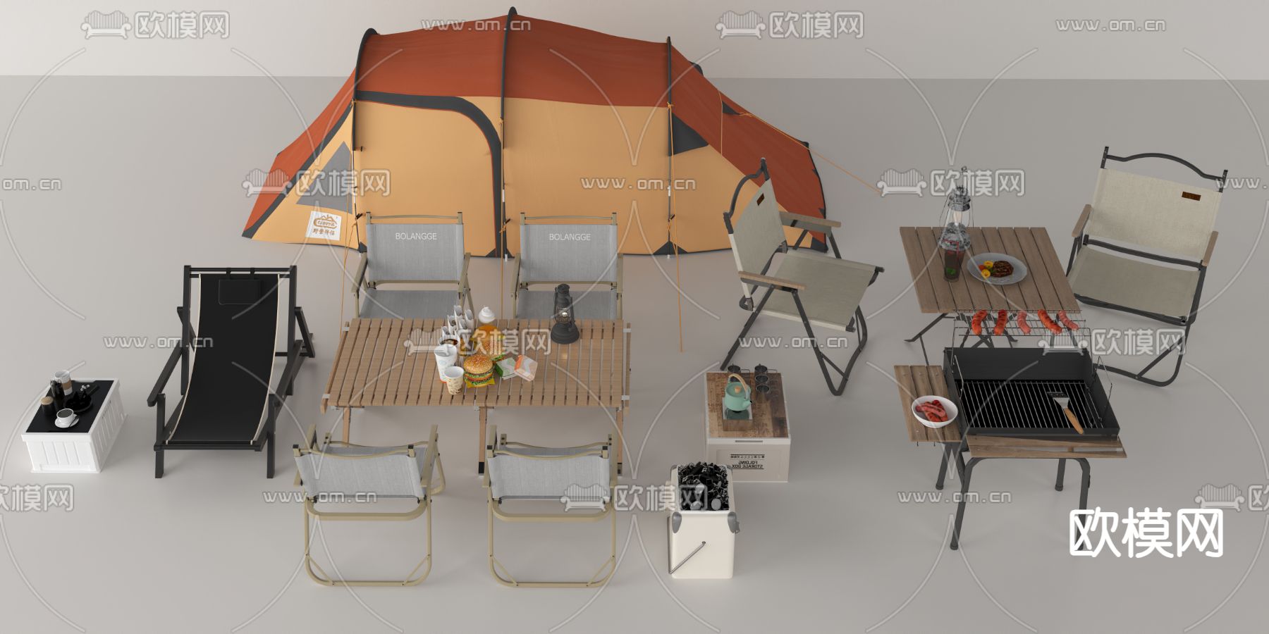 帐篷 露营桌椅 躺椅 烧烤架3d模型下载