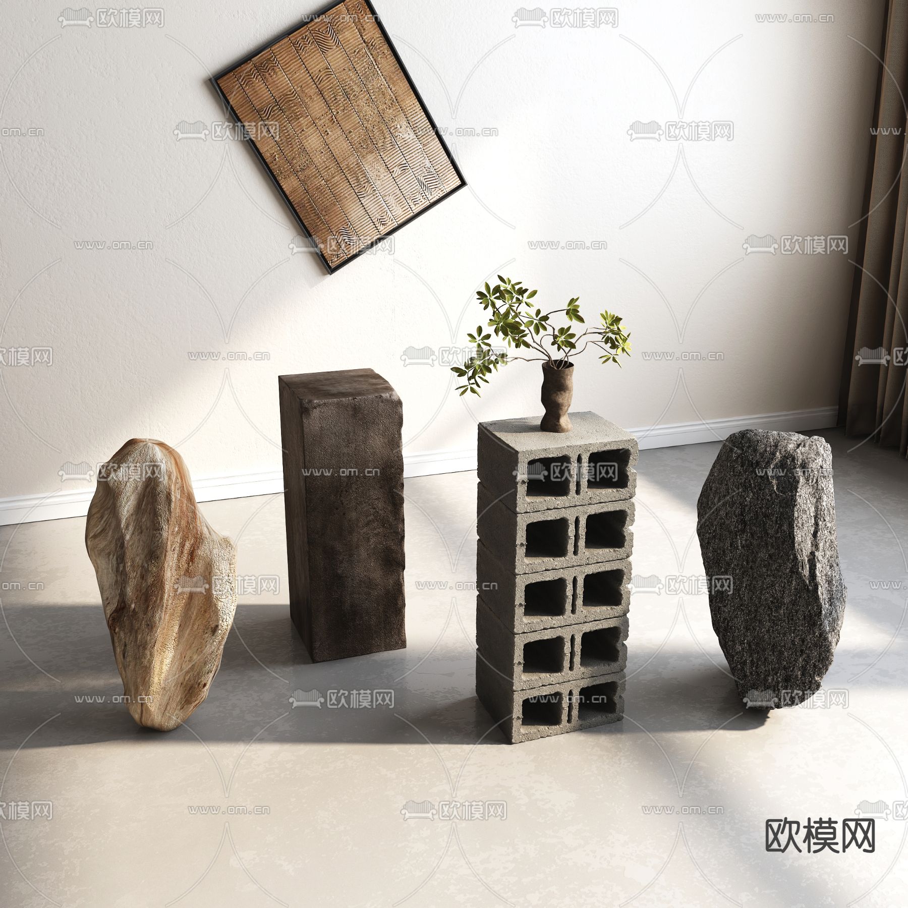 侘寂风景观石 石墩 砖墙3d模型下载