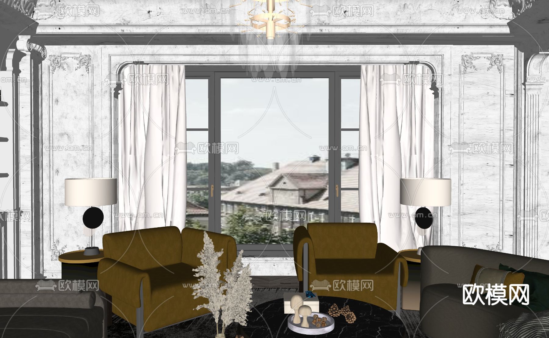 法式客厅su模型下载（渲染图2）