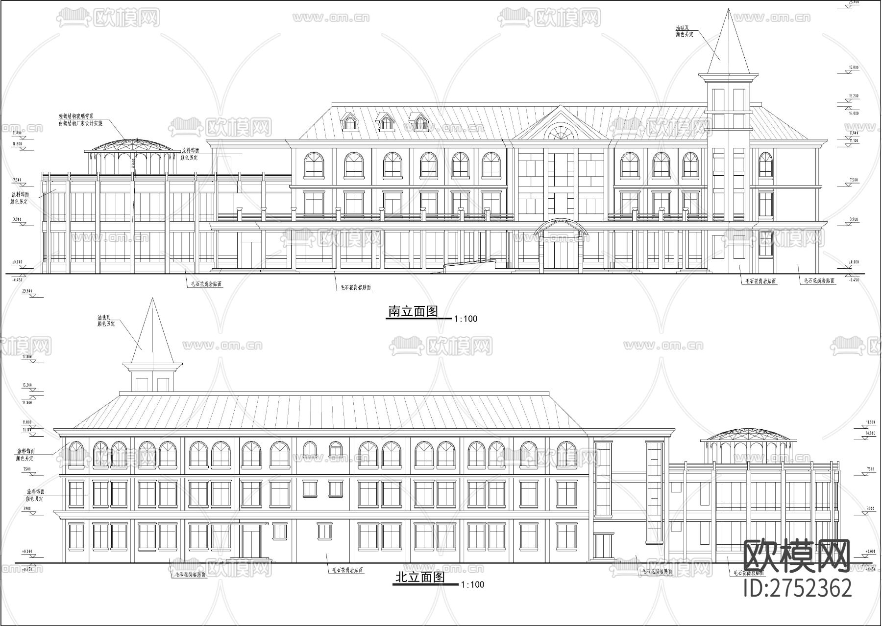 小区三层S形会所全套建筑cad施工图下载（渲染图7）