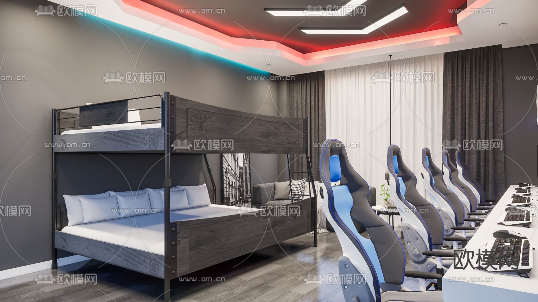 电竞酒店客房su模型下载（渲染图3）