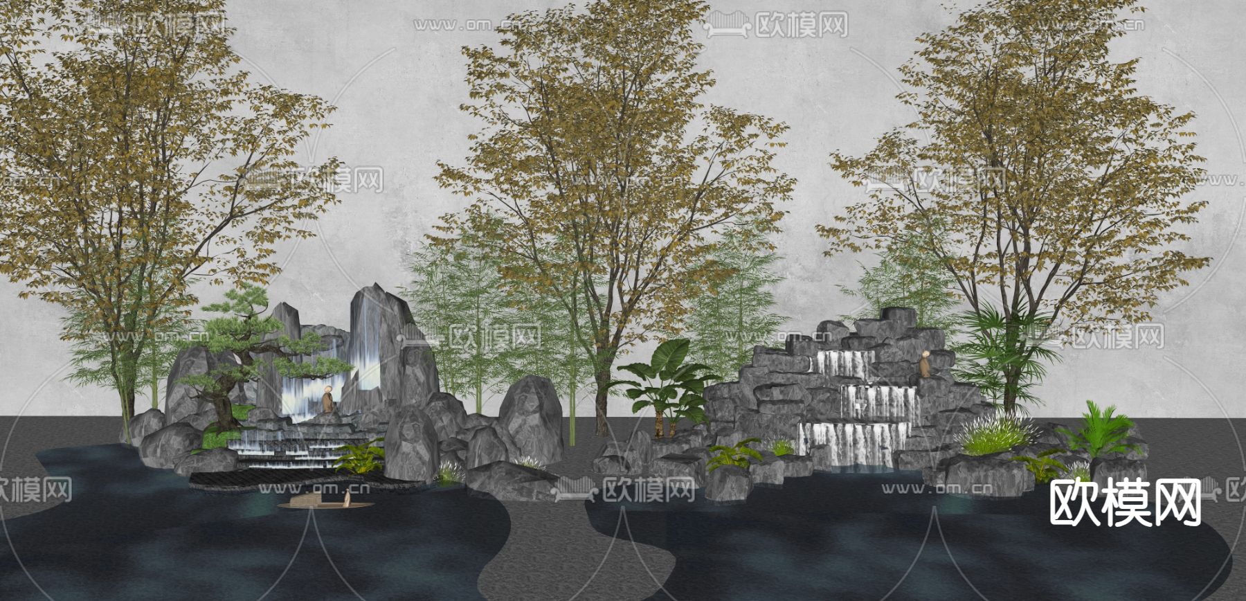 新中式假山石头 庭院景观su模型下载（渲染图2）