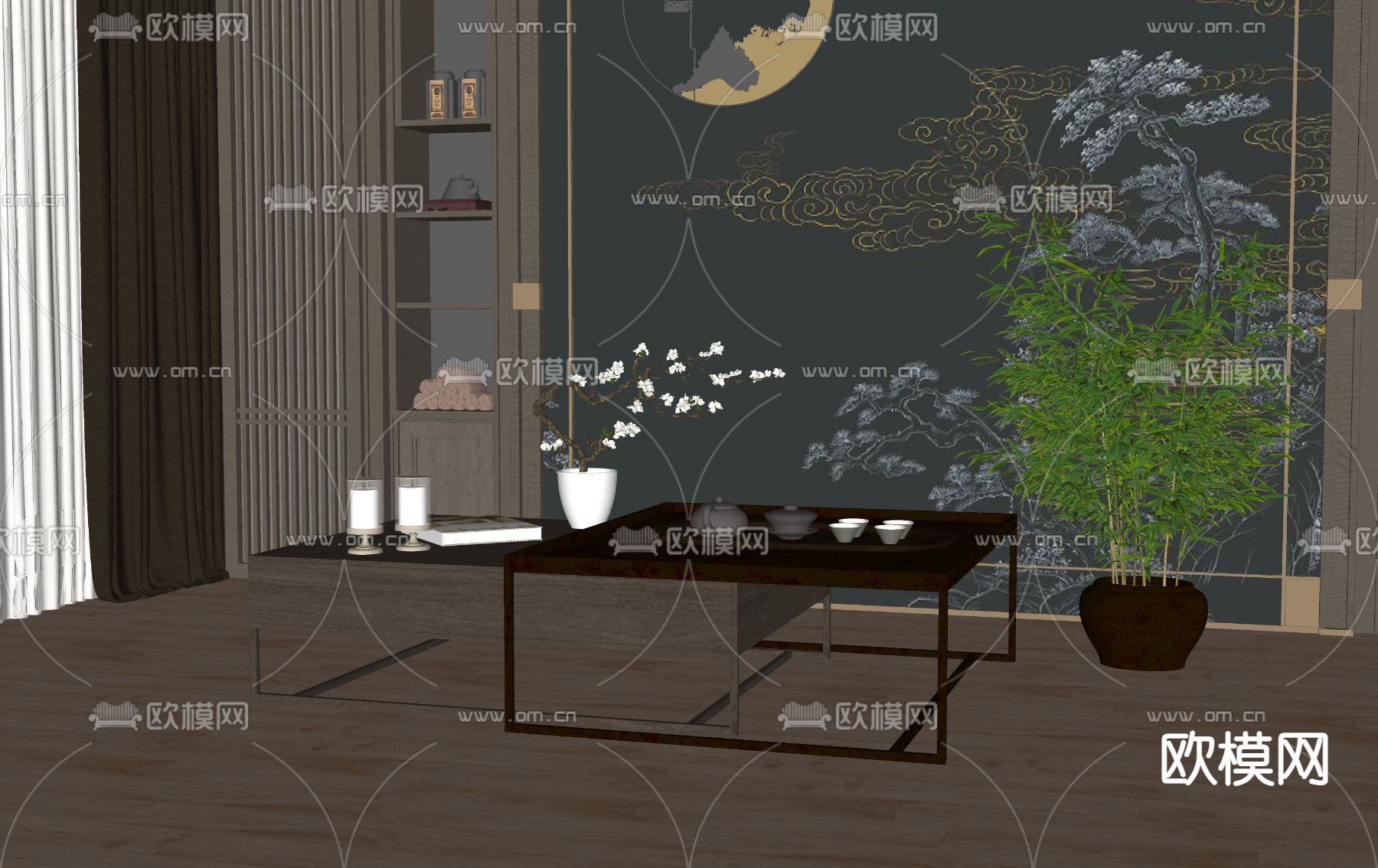 新中式茶几su模型下载（渲染图2）