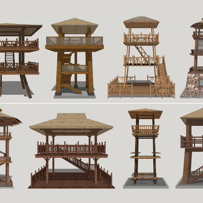  新中式景观塔台su模型 