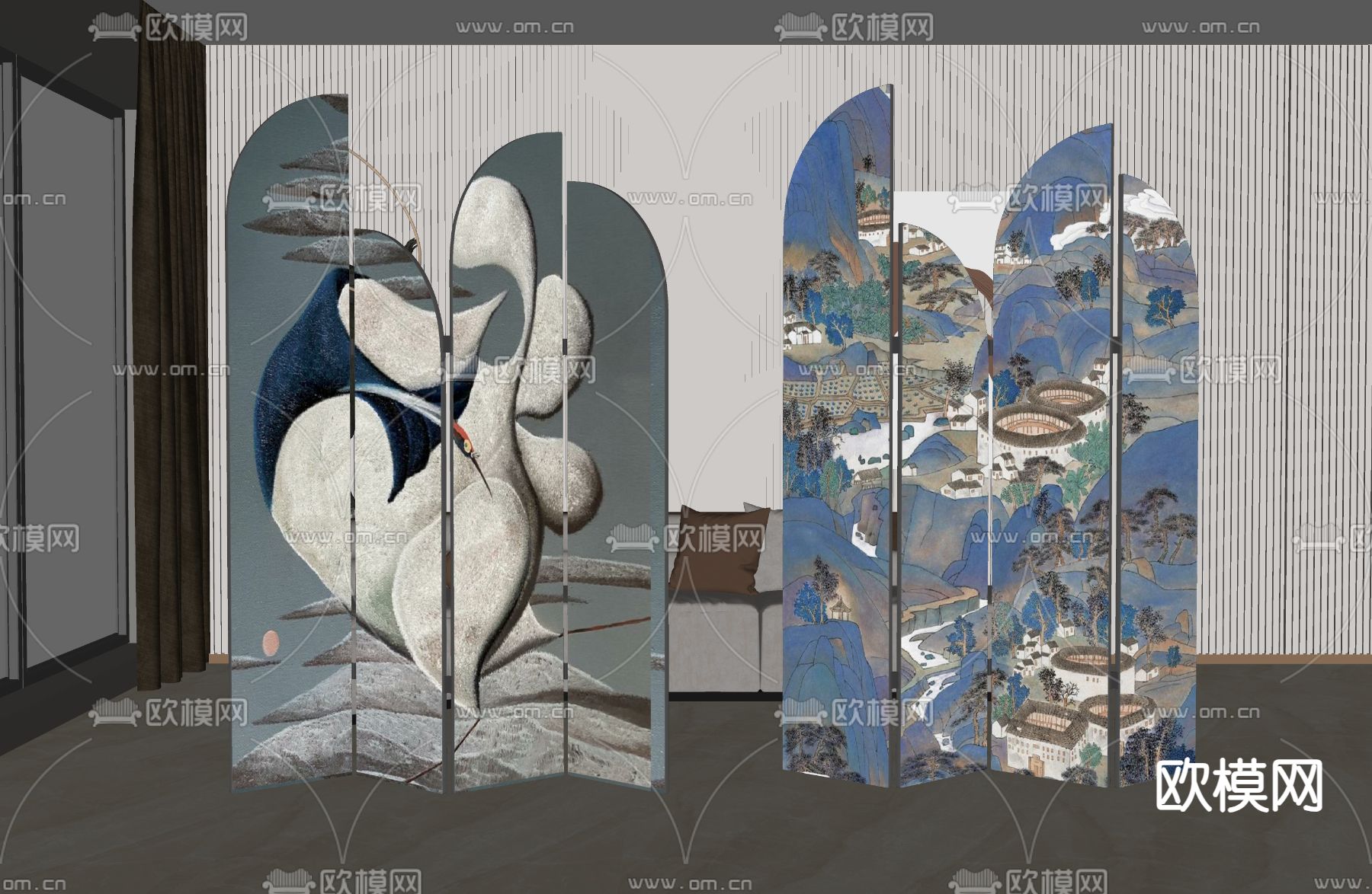 新中式屏风 隔断su模型下载（渲染图2）