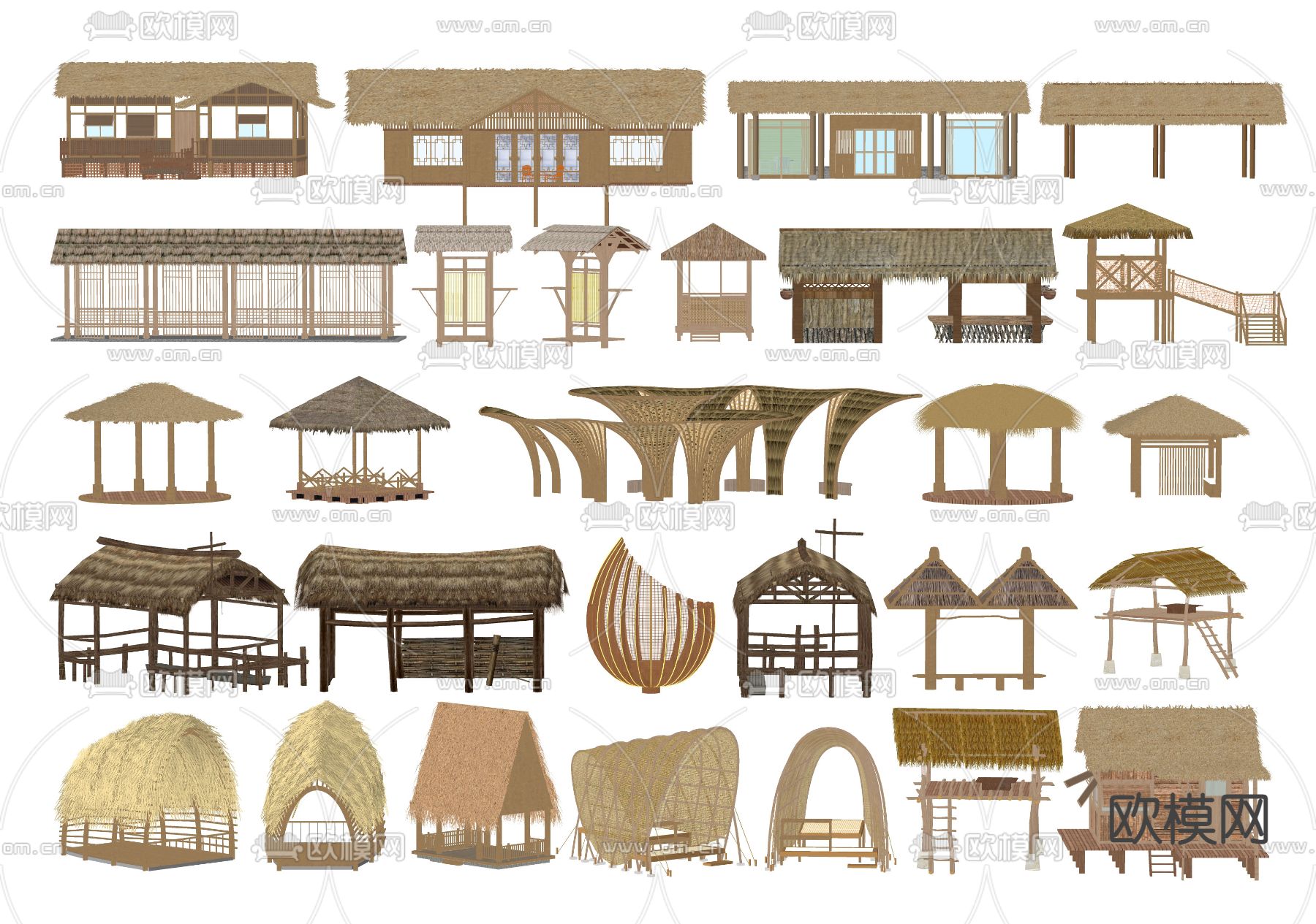 现代茅草屋 木屋 凉亭su模型