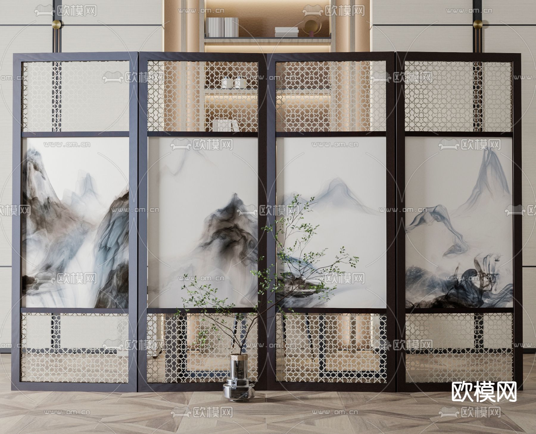 新中式屏风 隔断su模型下载（渲染图1）