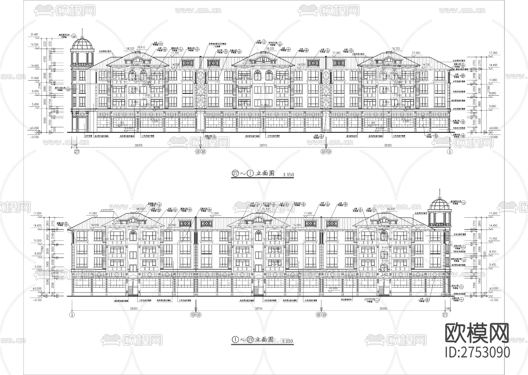 欧式坡屋顶四层住宅楼建筑CAD施工图下载（渲染图1）