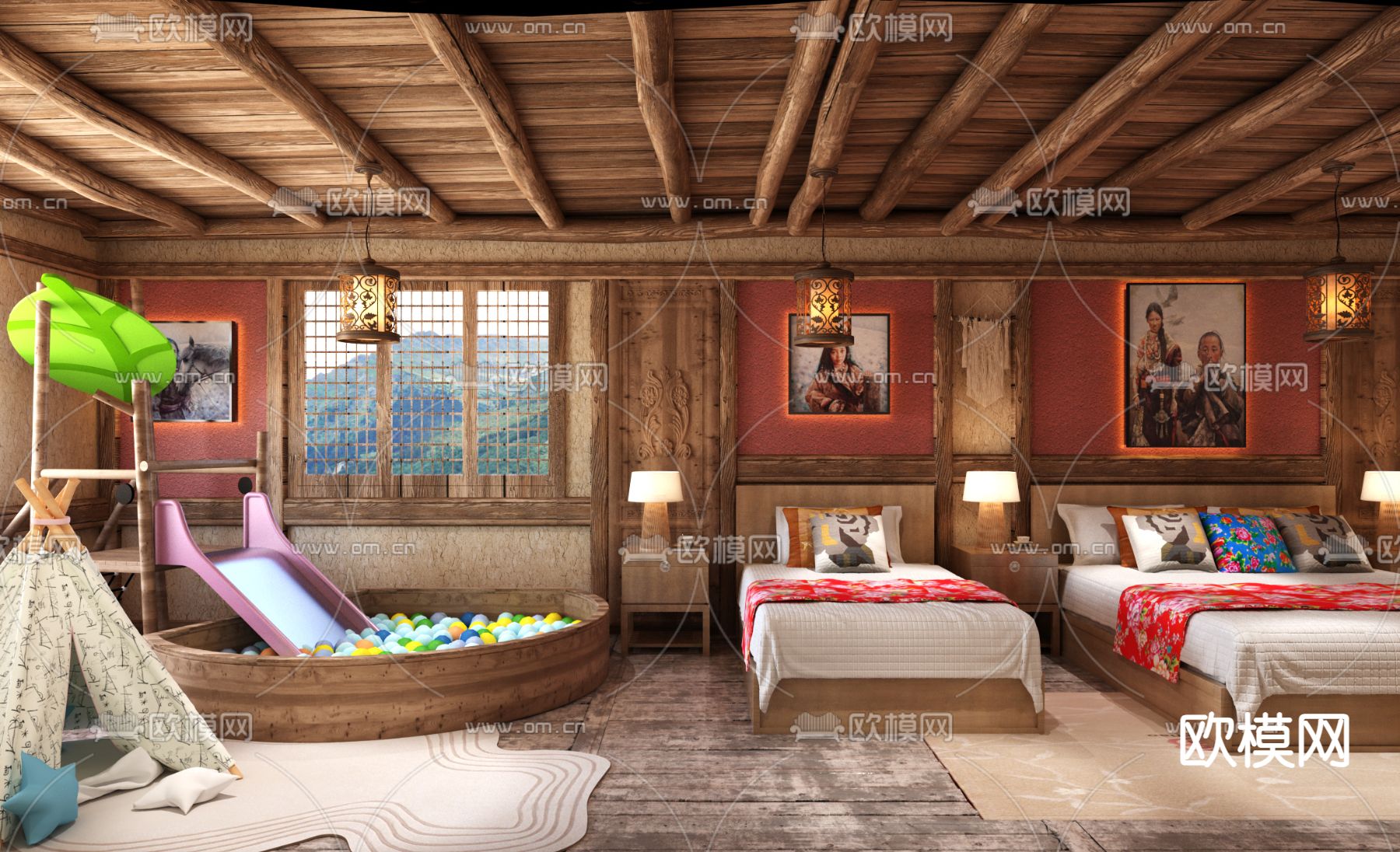 中式民宿 卧室3d模型下载