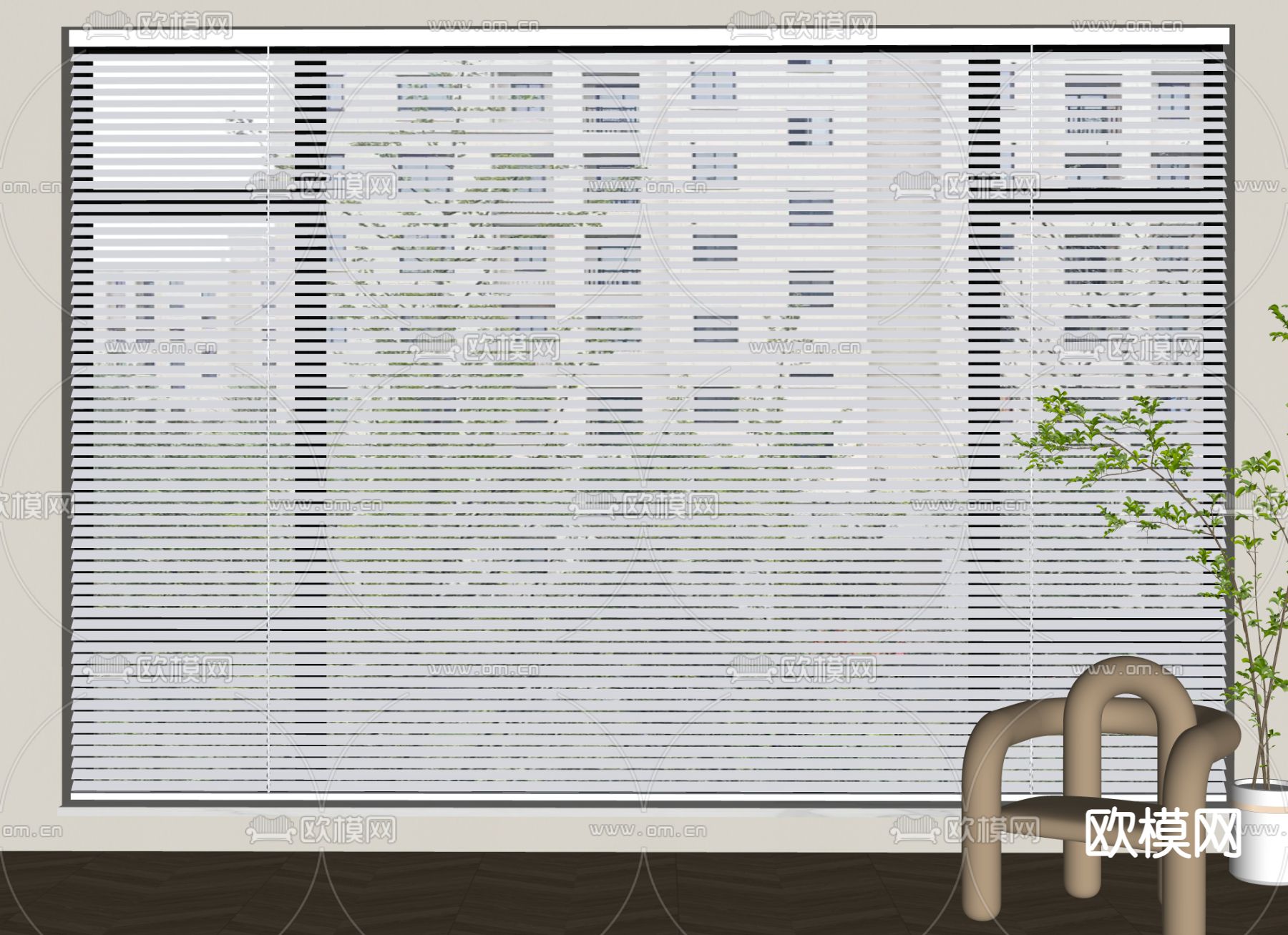 奶油风百叶窗 落地窗su模型下载（渲染图2）