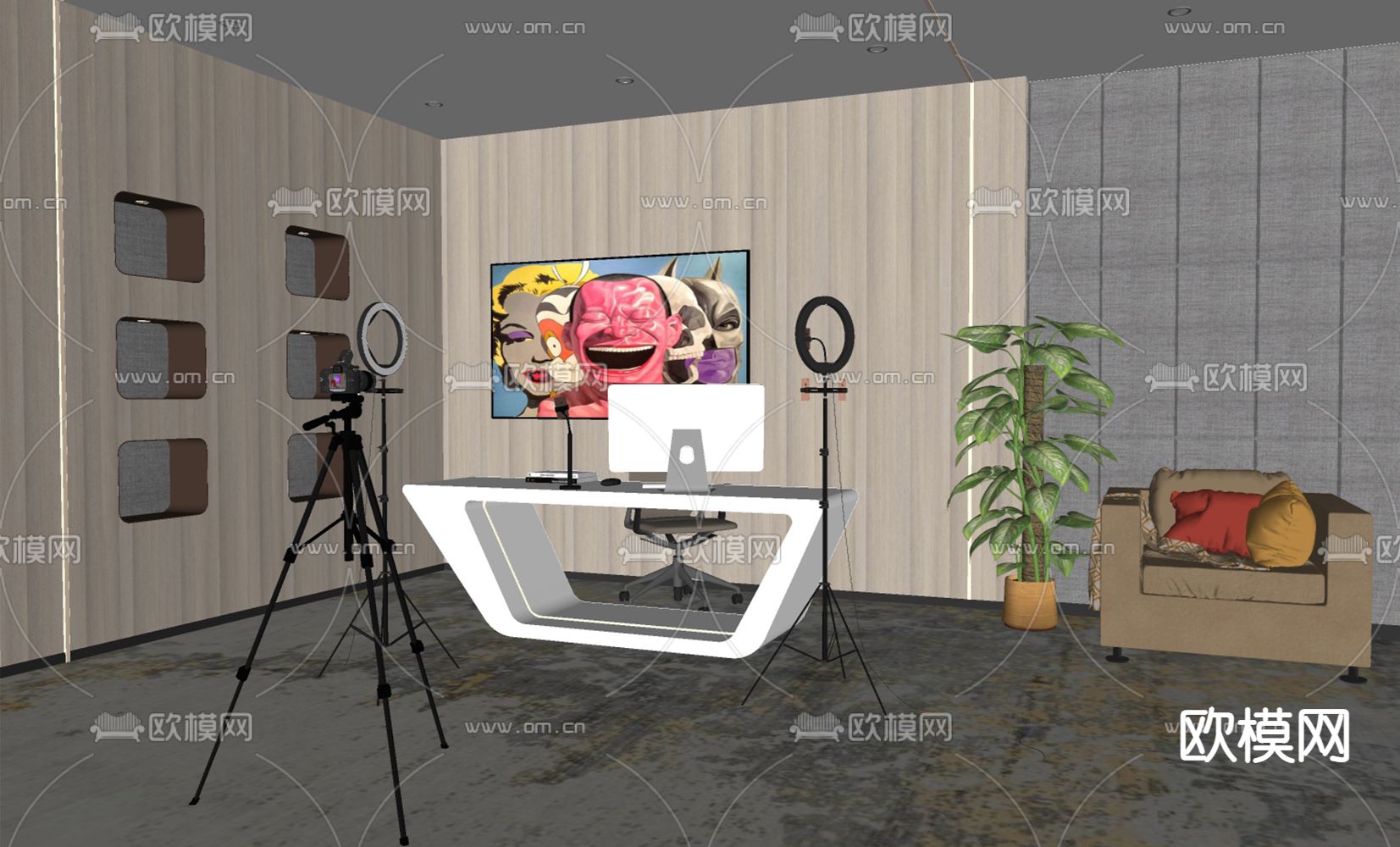 现代直播间su模型下载（渲染图2）