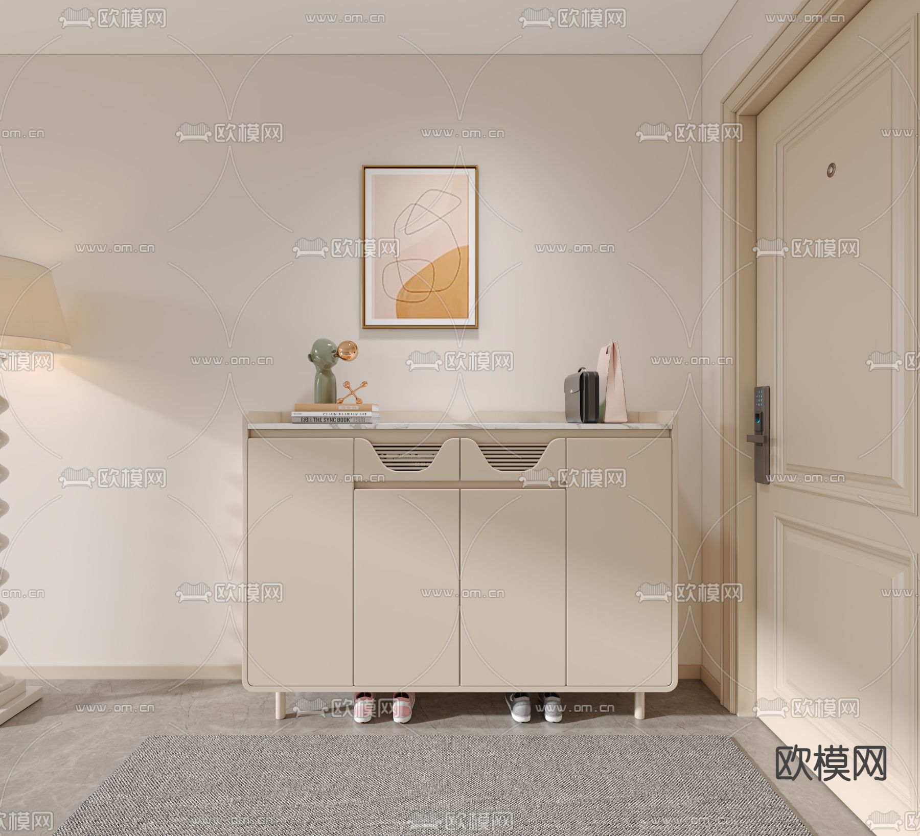 奶油风鞋柜 矮柜su模型下载（渲染图1）