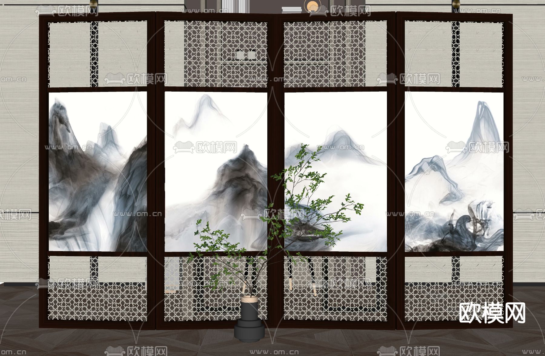 新中式屏风 隔断su模型下载（渲染图2）