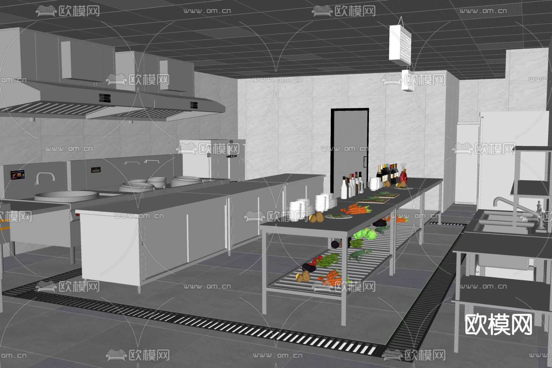 现代餐厅后厨su模型下载（渲染图2）