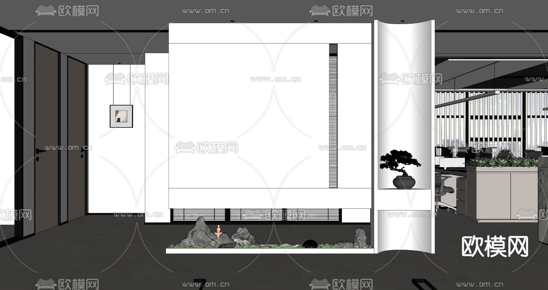 现代办公室过道su模型下载（渲染图2）