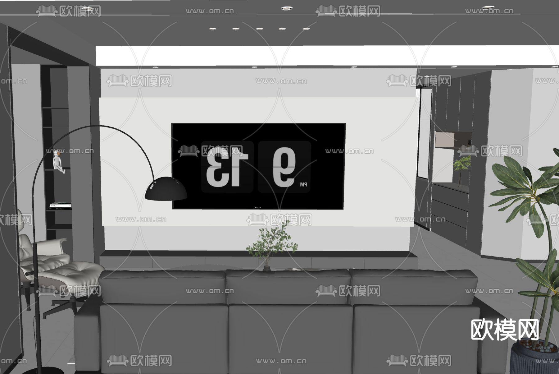 高级灰客厅su模型下载（渲染图2）