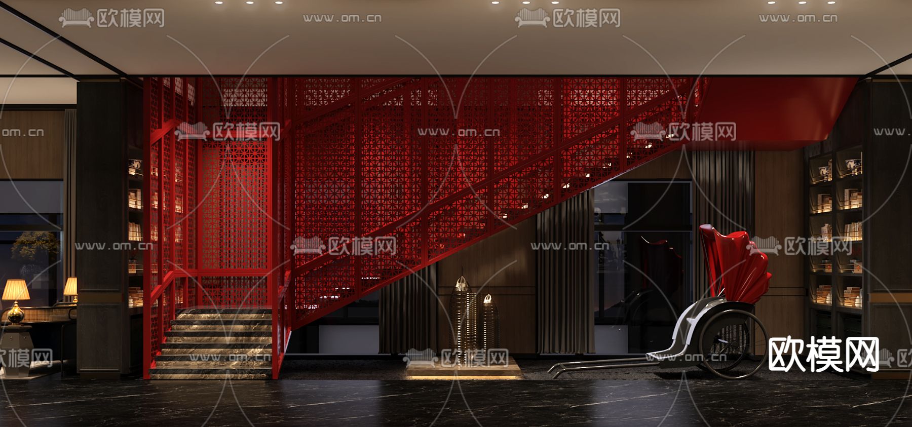 新中式楼梯 直跑楼梯 黄包车3d模型下载