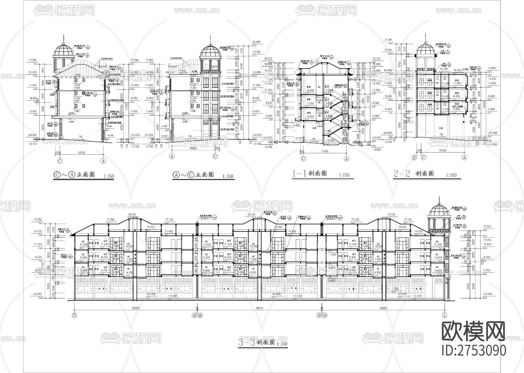 欧式坡屋顶四层住宅楼建筑CAD施工图下载（渲染图9）
