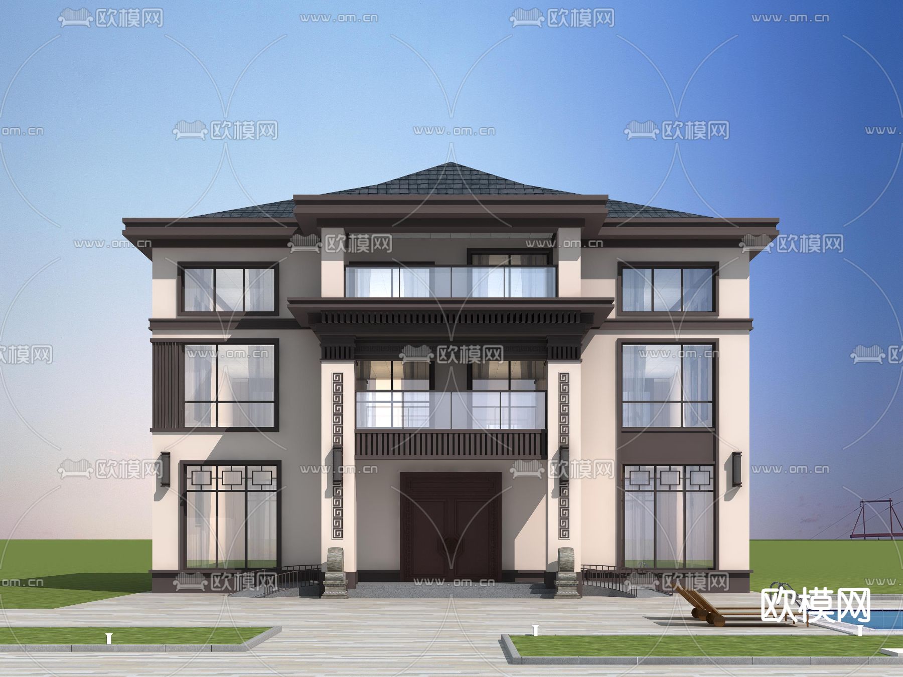 简欧别墅外观3d模型下载