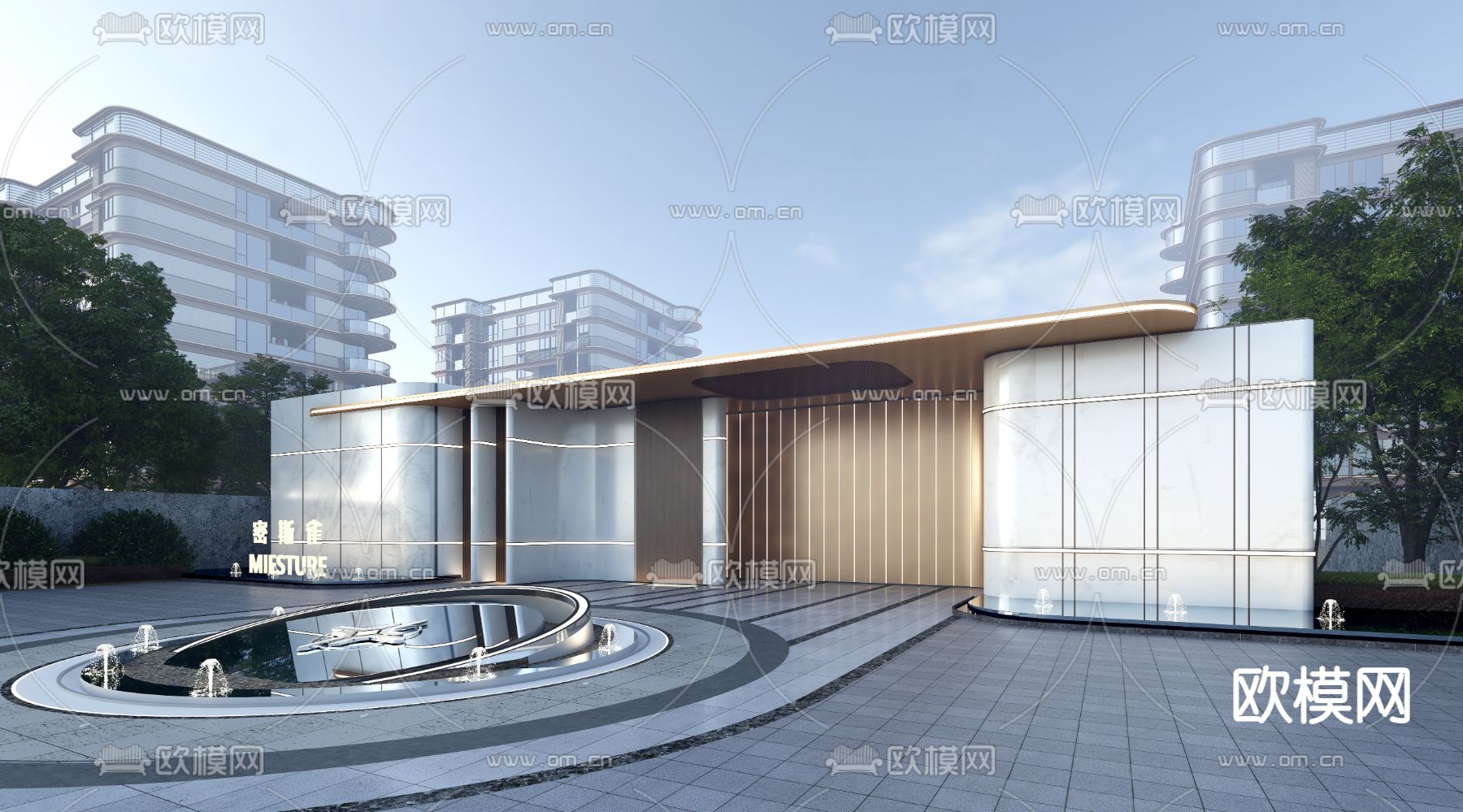 轻奢小区入口门楼su模型下载（渲染图2）