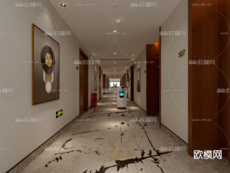 新中式酒店过道3d模型下载(渲染图1)