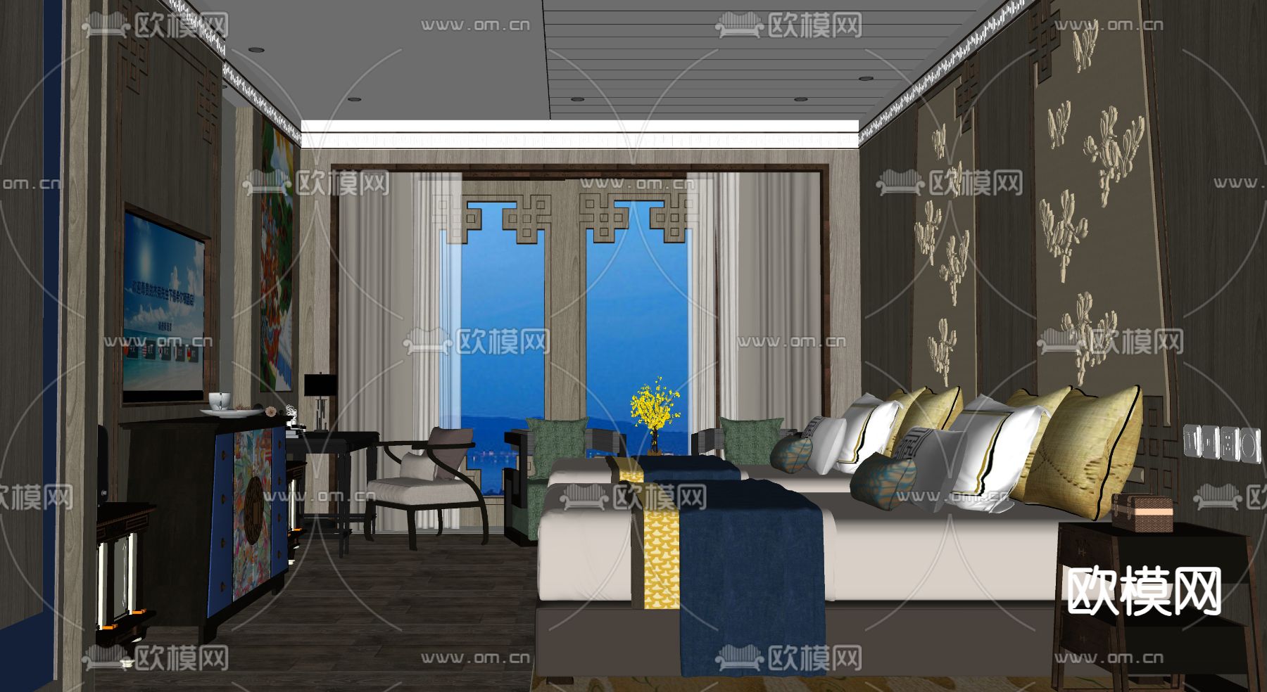 新中式酒店客房su模型下载（渲染图2）