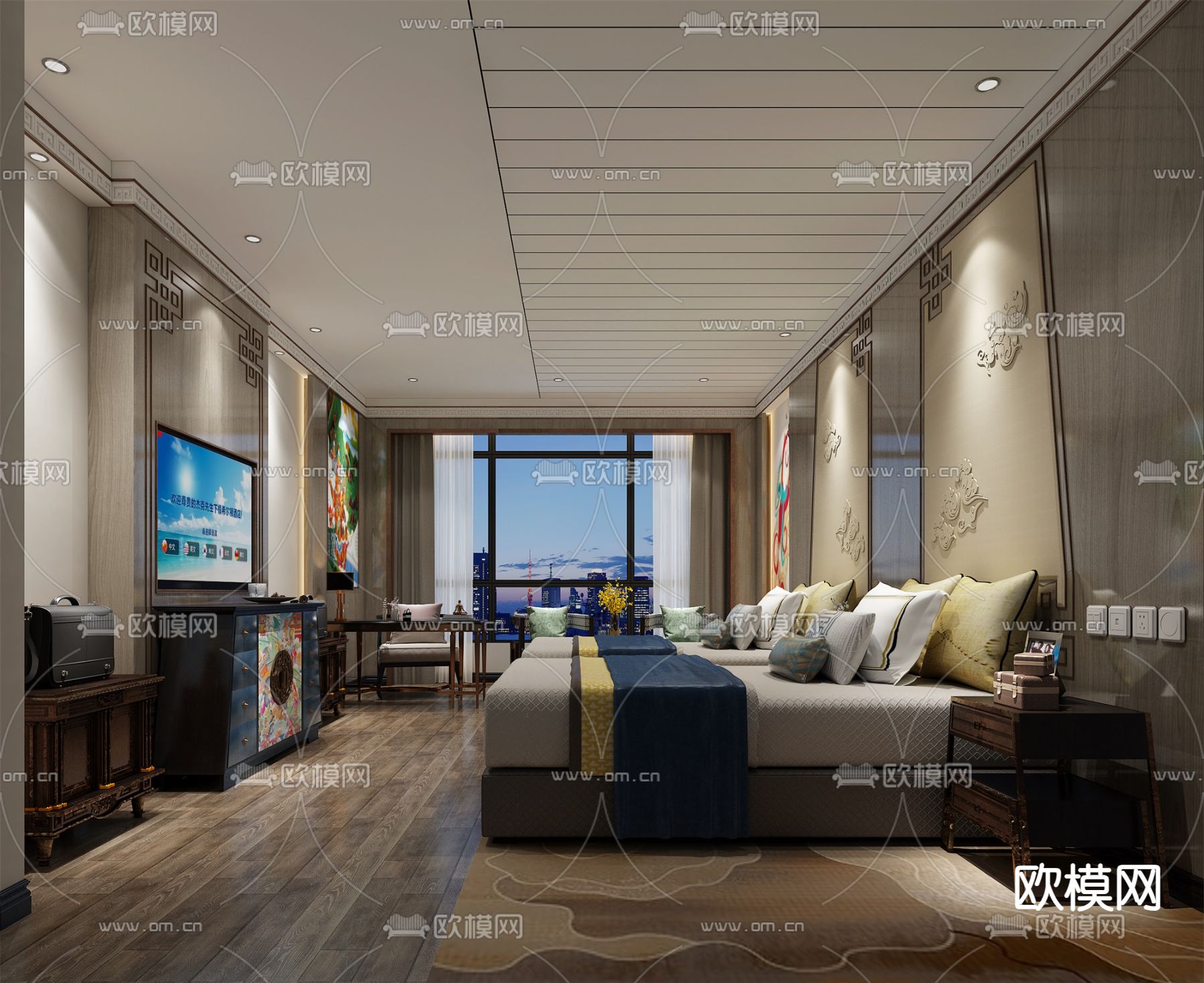 新中式酒店客房su模型下载（渲染图1）