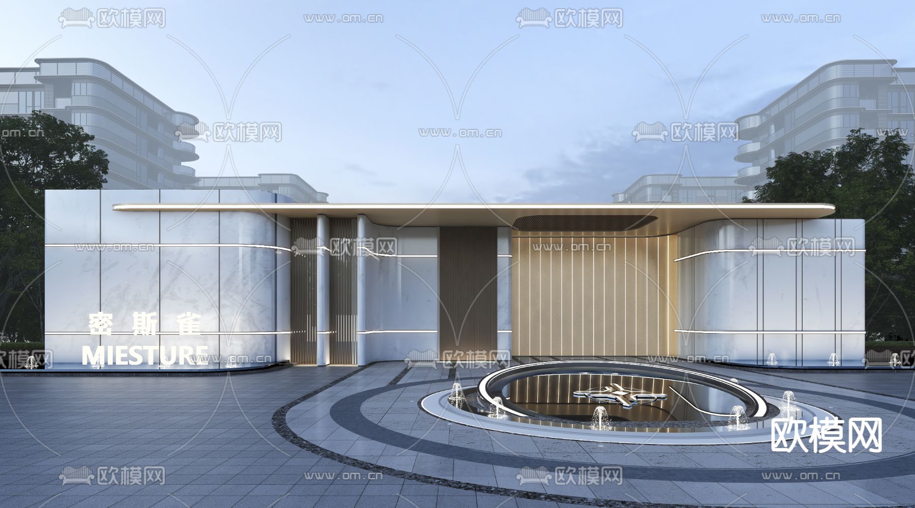 轻奢小区入口门楼su模型下载（渲染图1）