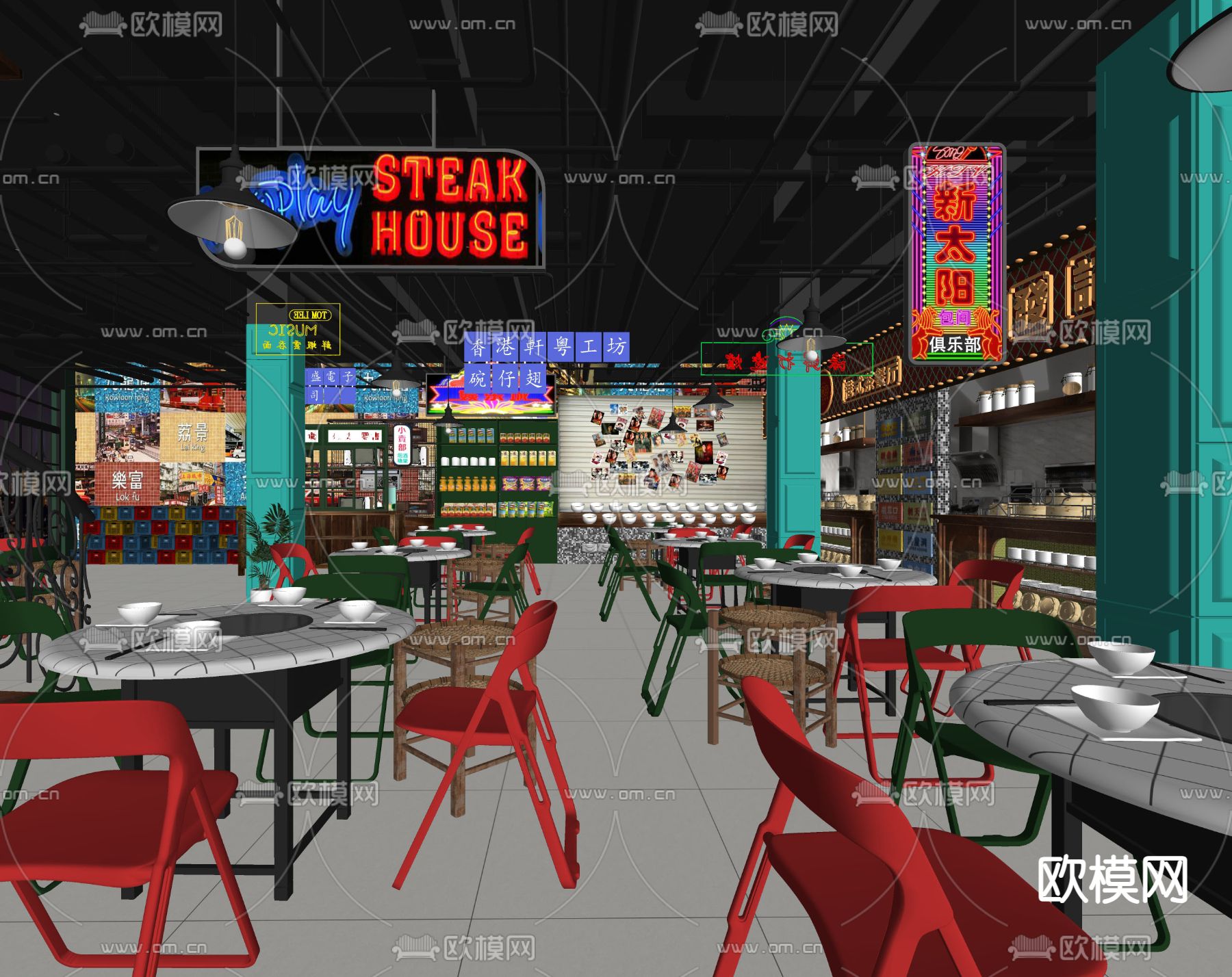 工业风港式茶餐厅su模型下载（渲染图2）