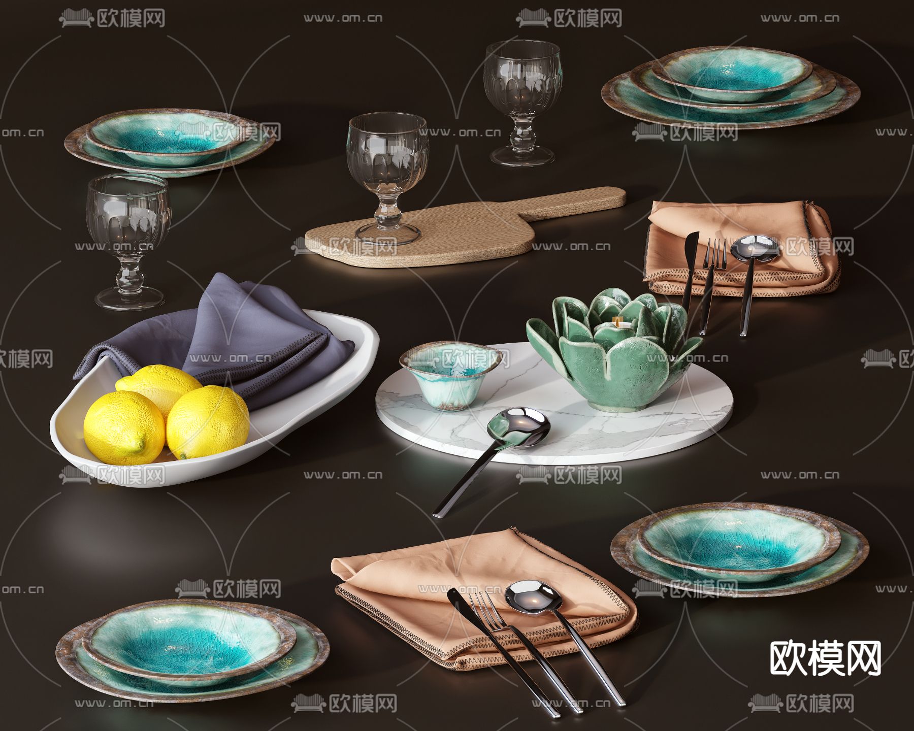 新中式餐具 餐盘 碗碟3d模型下载