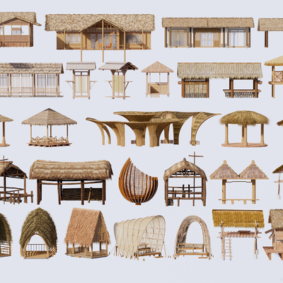 现代茅草屋 木屋 凉亭su模型