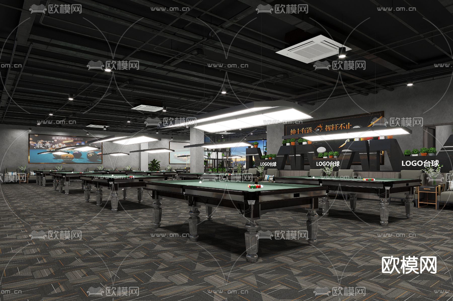 工业风台球室3d模型下载（渲染图2）