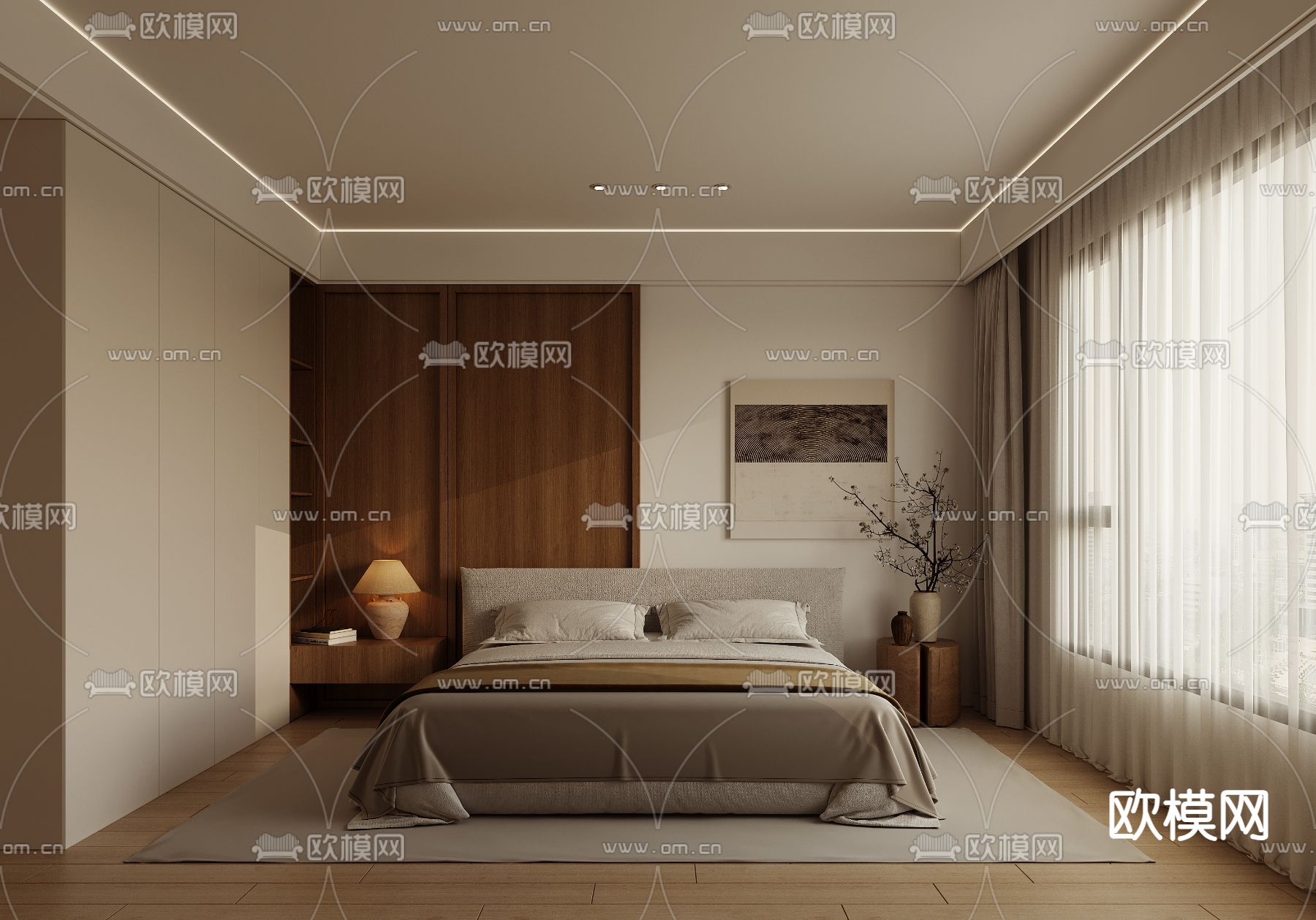 侘寂风卧室 主人房su模型下载（渲染图1）