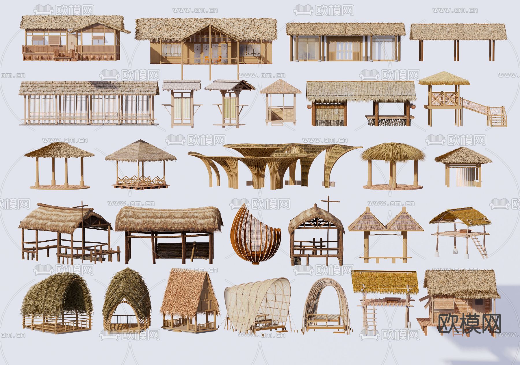 现代茅草屋 木屋 凉亭su模型