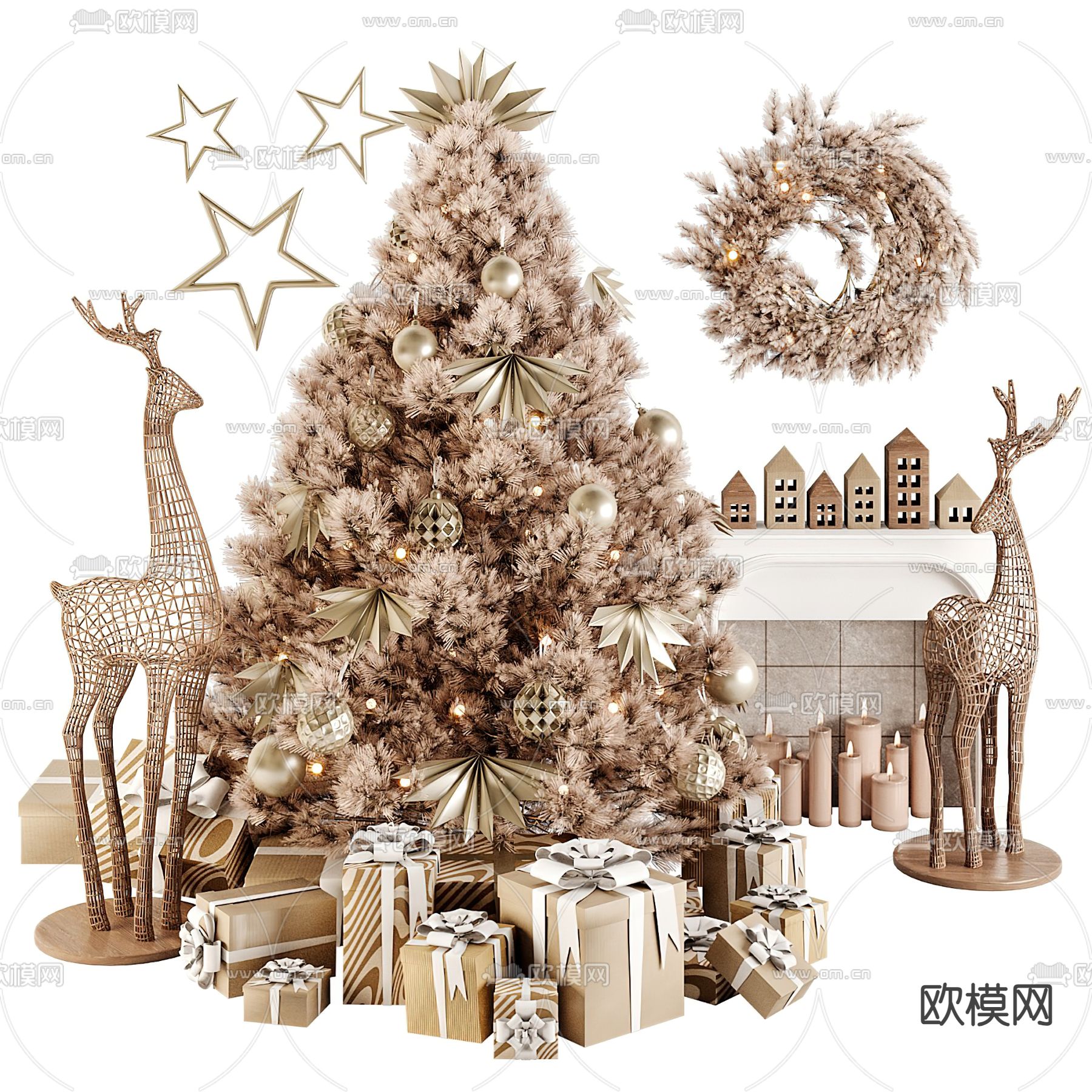 圣诞美陈 圣诞树 礼物盒 鹿雕塑3d模型下载