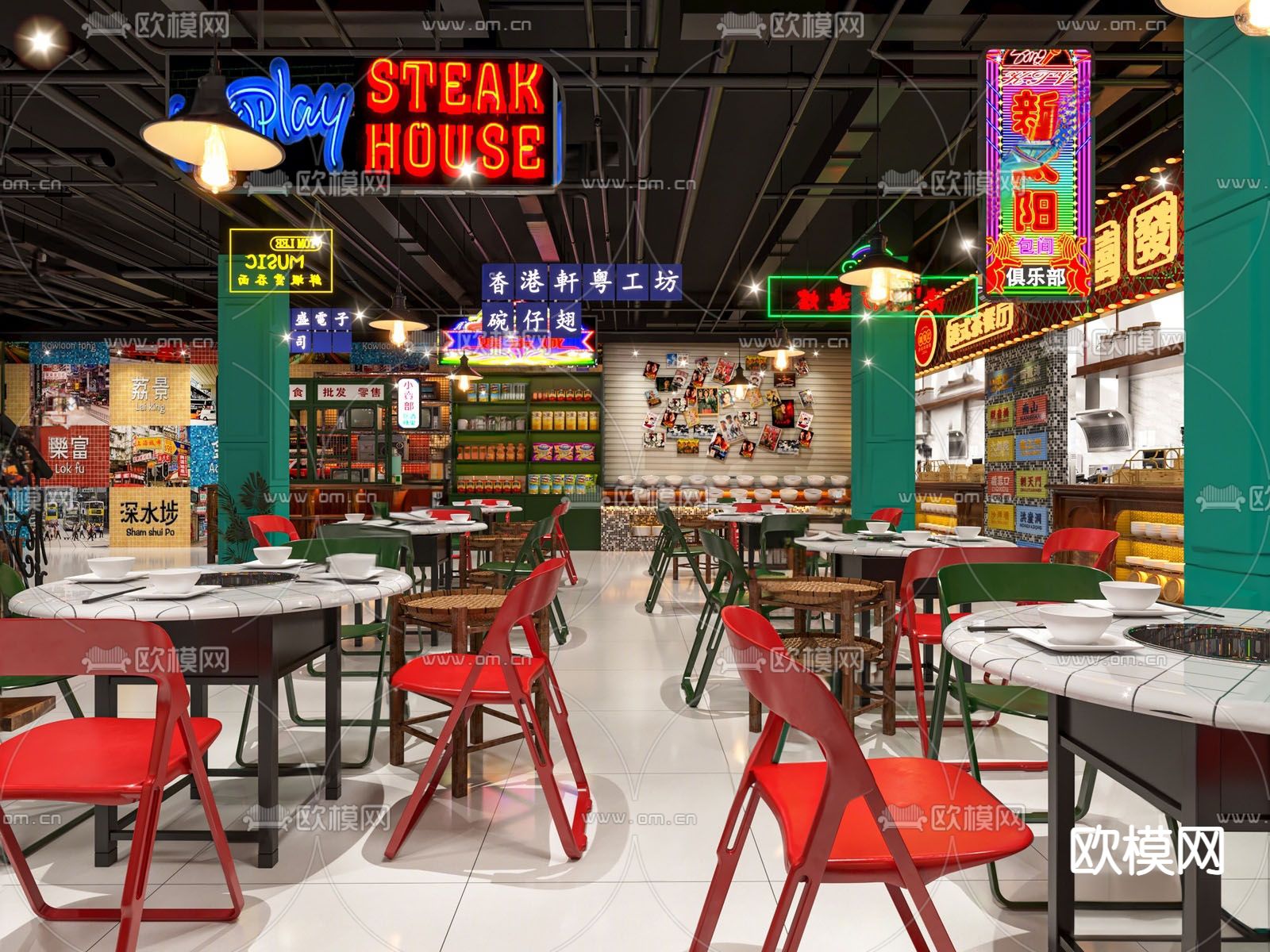 工业风港式茶餐厅su模型下载（渲染图1）