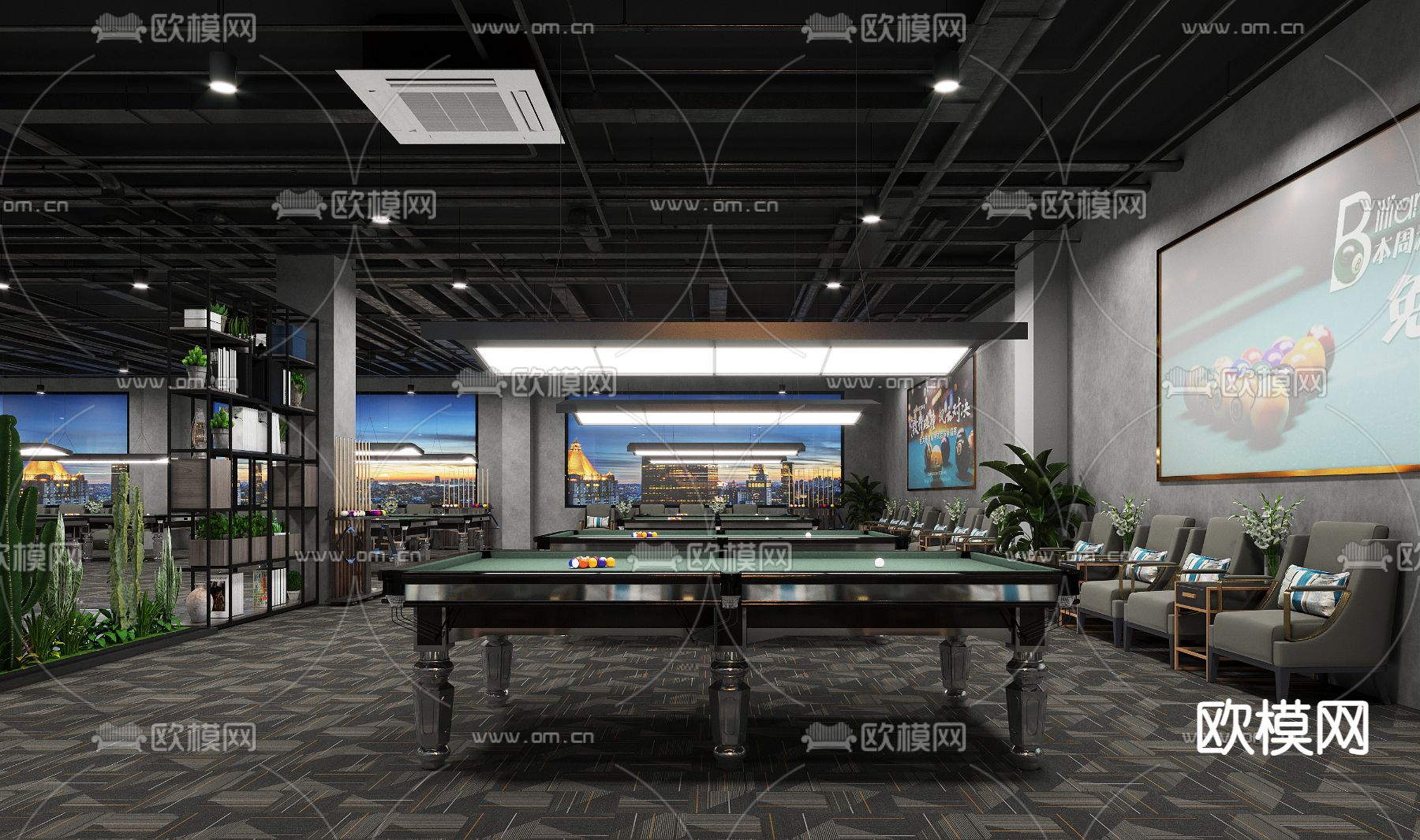 工业风台球室3d模型下载（渲染图1）