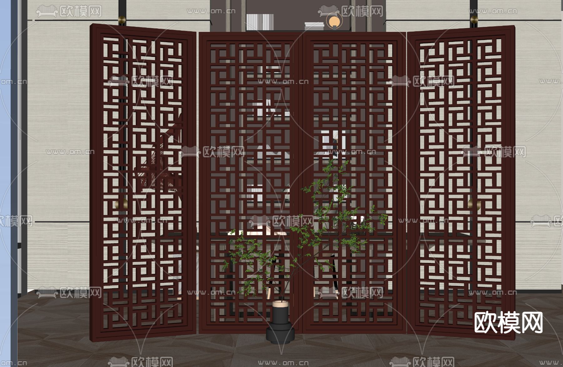 新中式屏风 隔断su模型下载（渲染图2）
