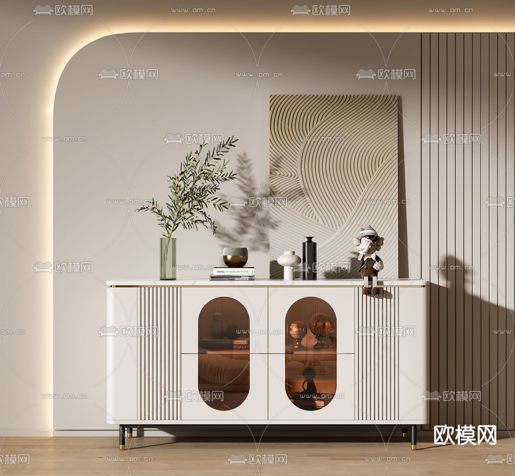 奶油风玄关柜 端景柜 边柜3d模型下载（渲染图1）